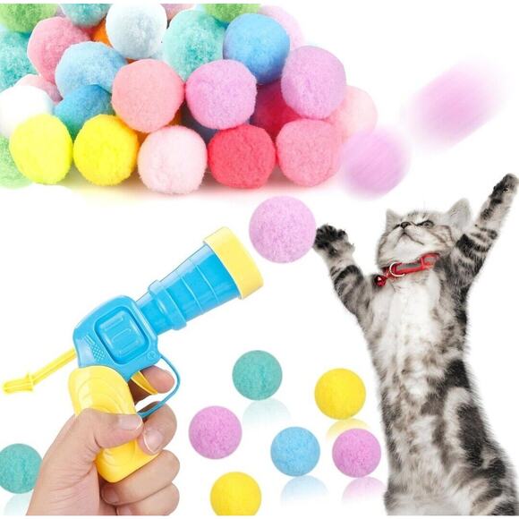 Unbranded Other - 80 Piece Plush Fuzzy Balls Launcher Cat Toy, Funny Interactive